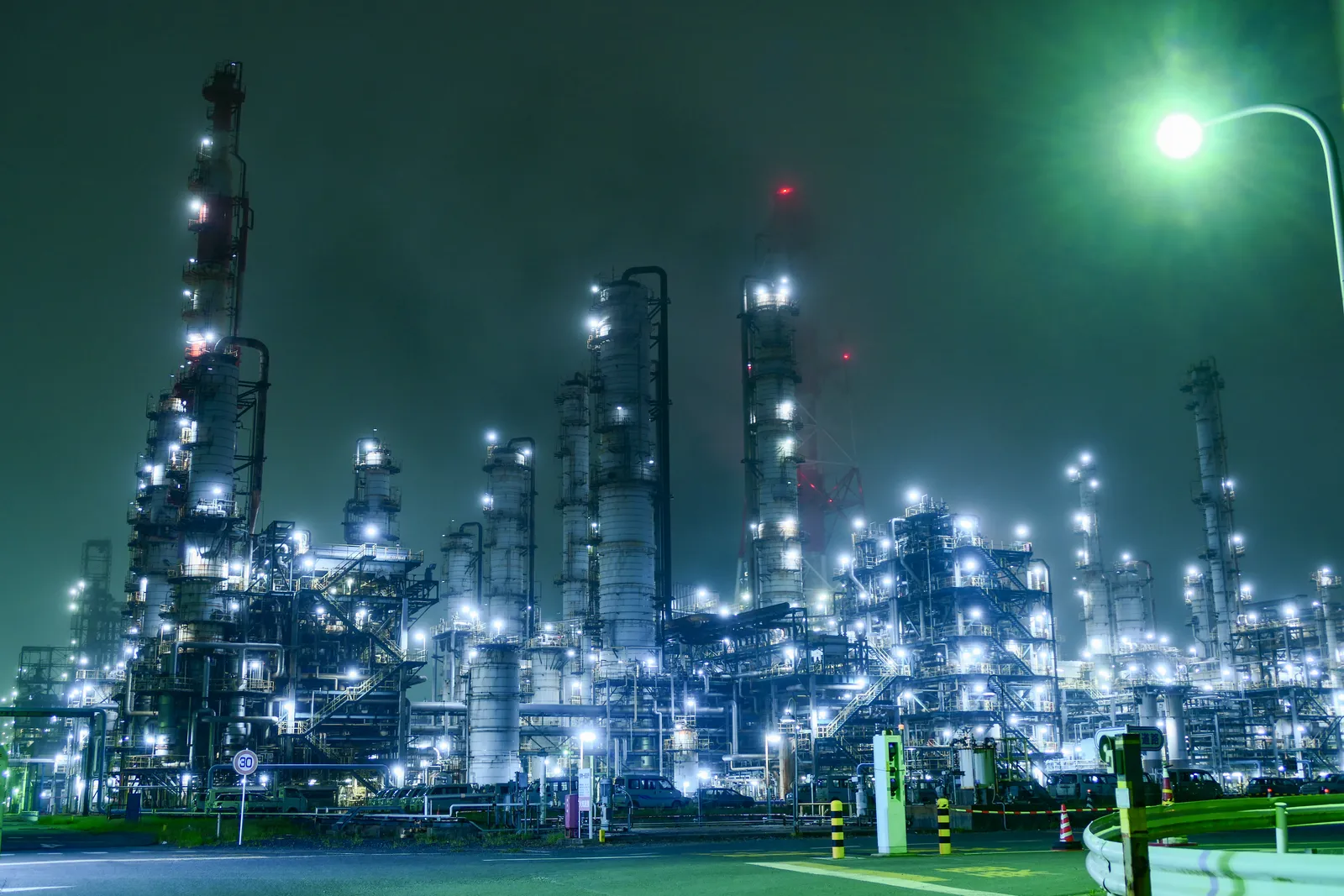 An oil refinery lit up at night (file photo).