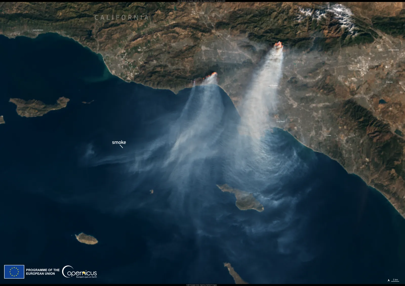 A satellite view of the January 2025 wildfires burning across the Los Angeles area.