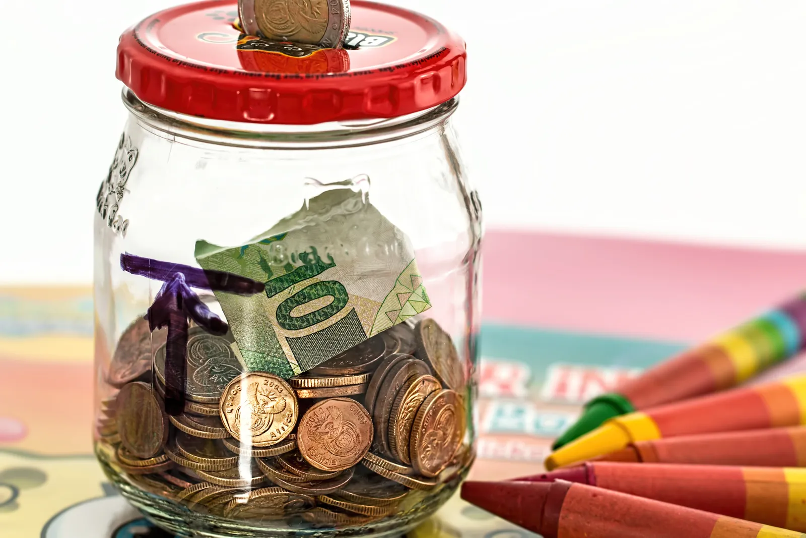A piggy bank with coins.