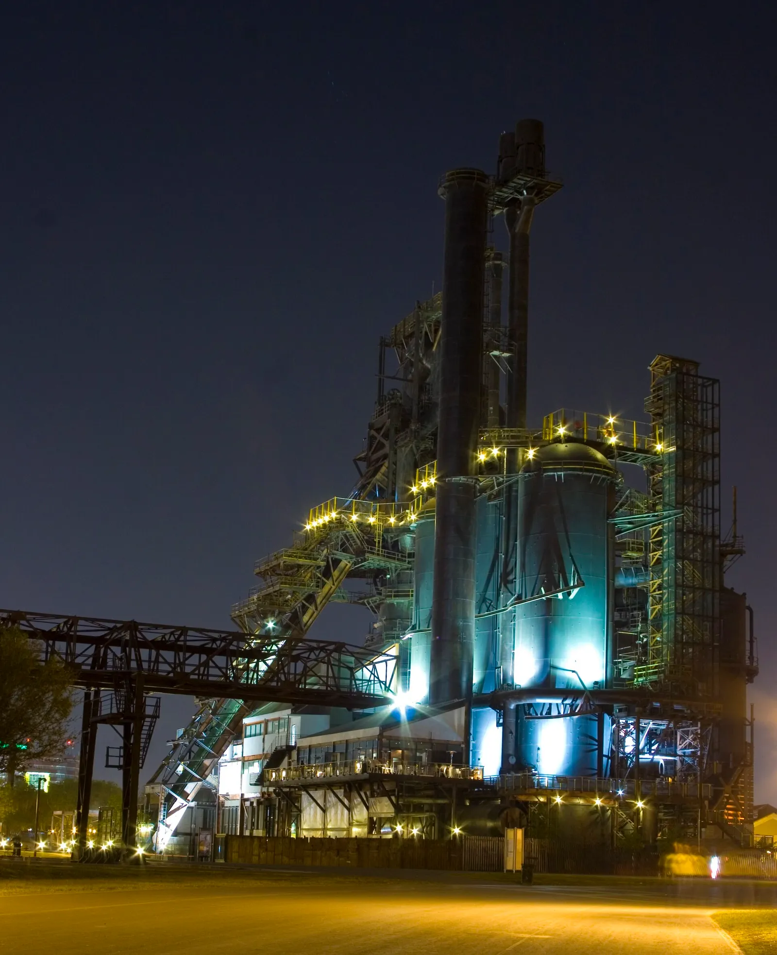 The blast furnaces and towers of a steel mill