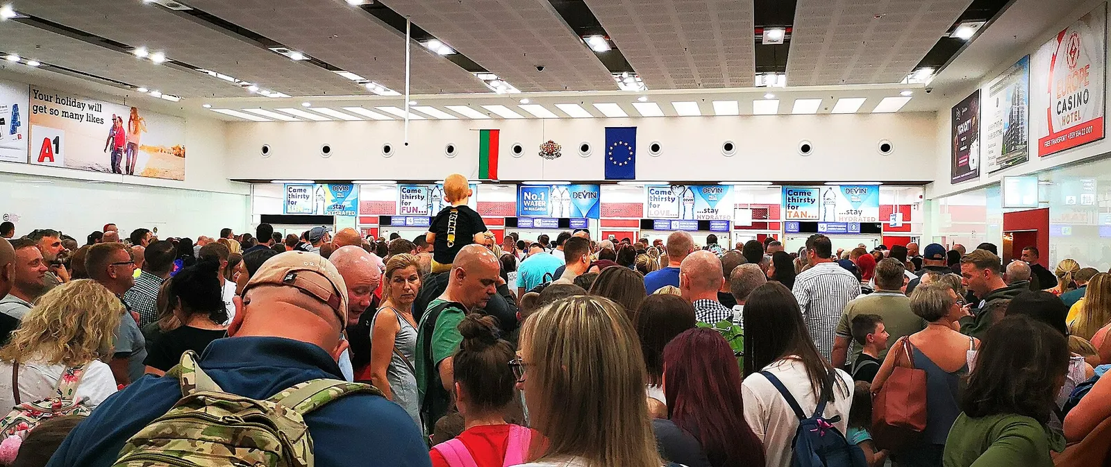 Passport control at an airport in the European Union.