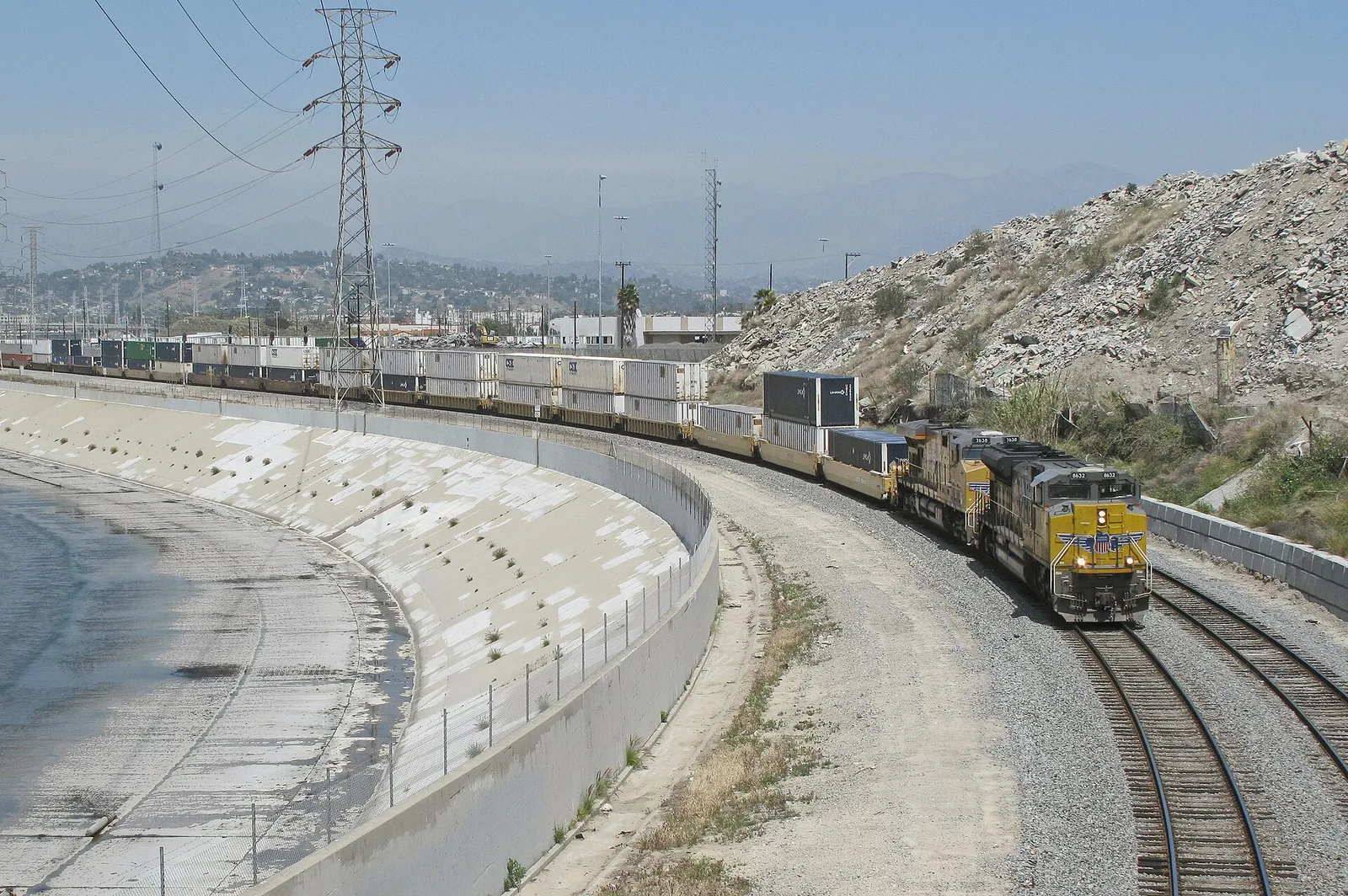 A container freight train in Los Angeles
