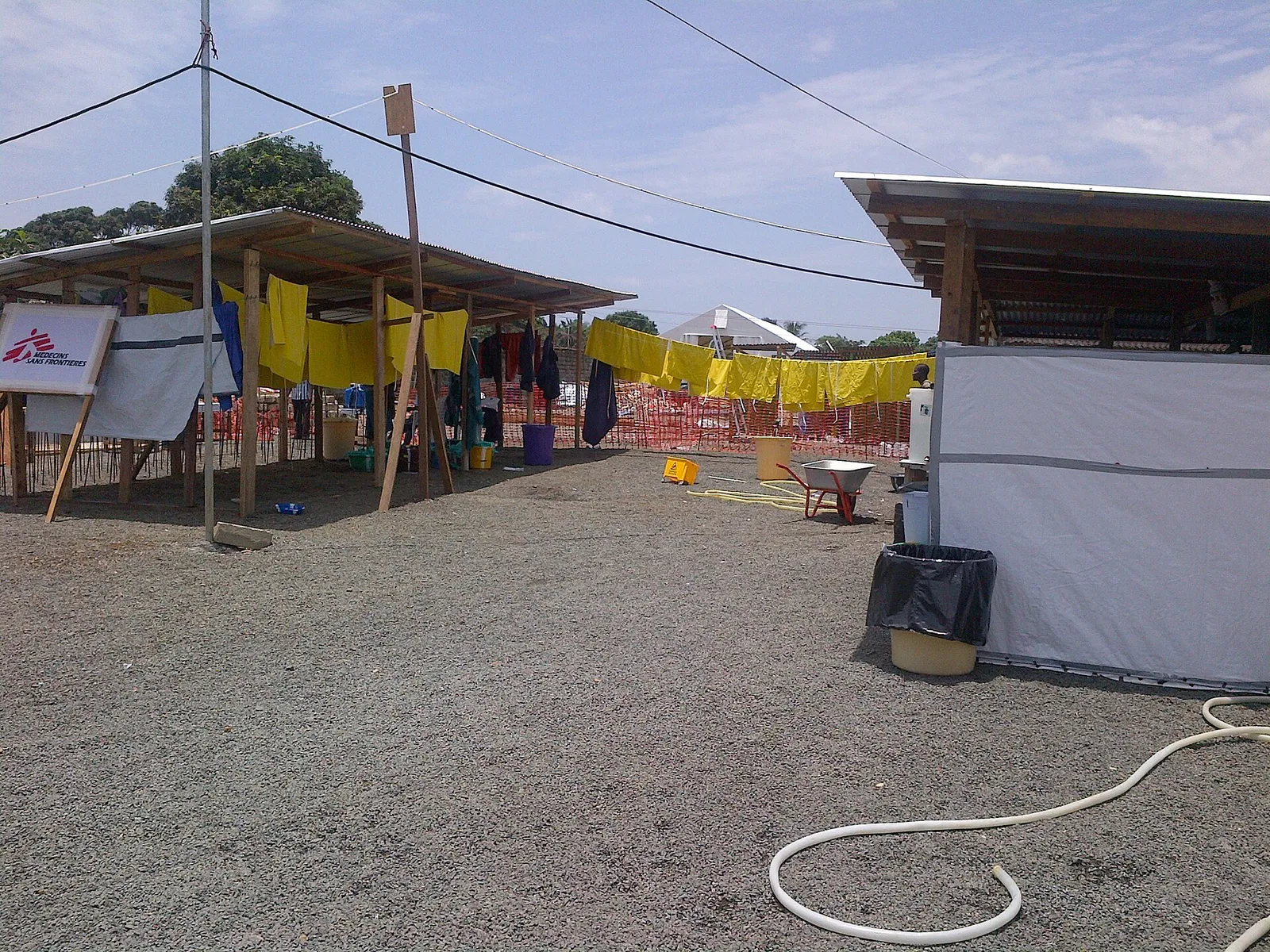 An Ebola treatment unit staffed by health workers in protective equipment.