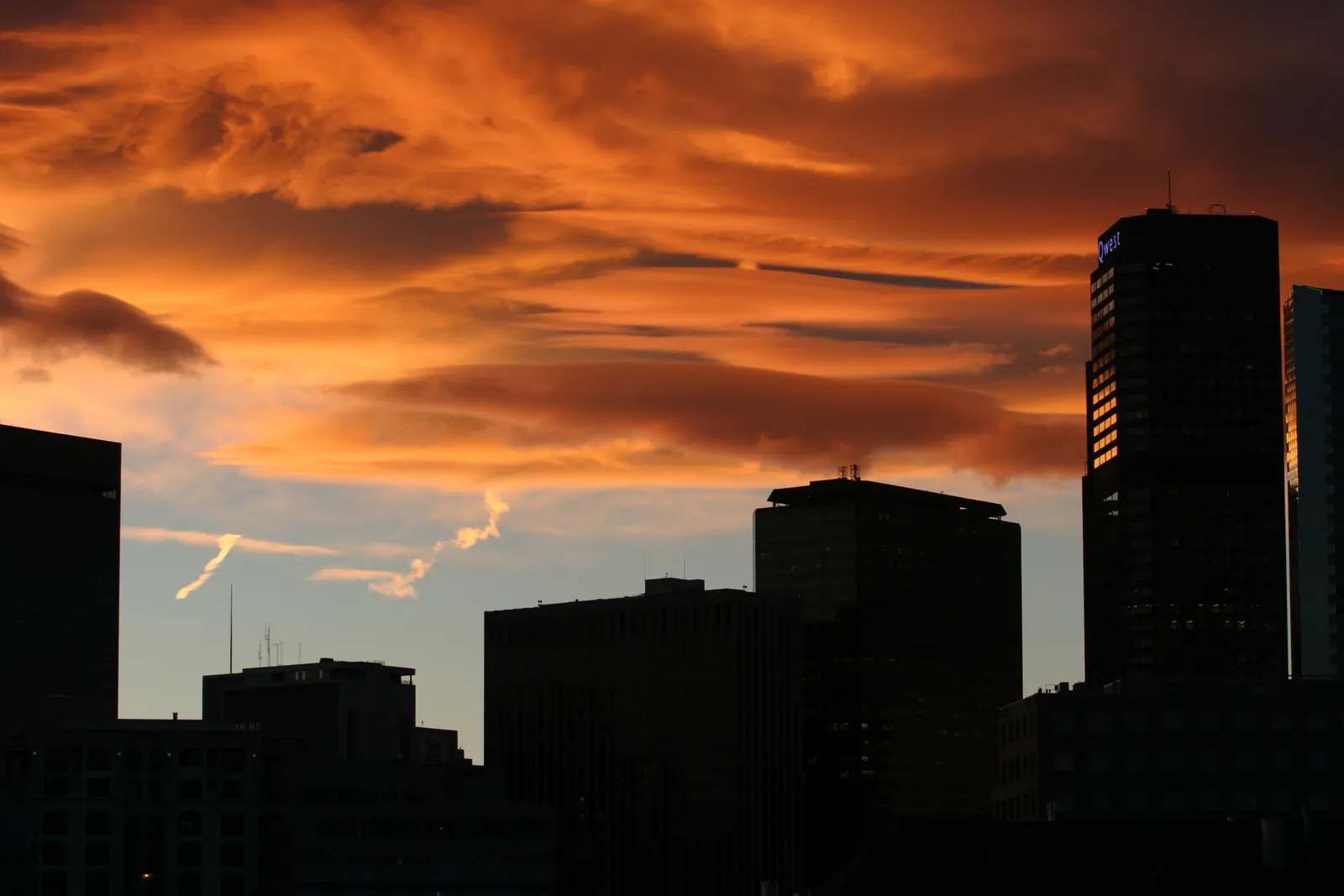 The Denver, Colorado skyline at sunset.
