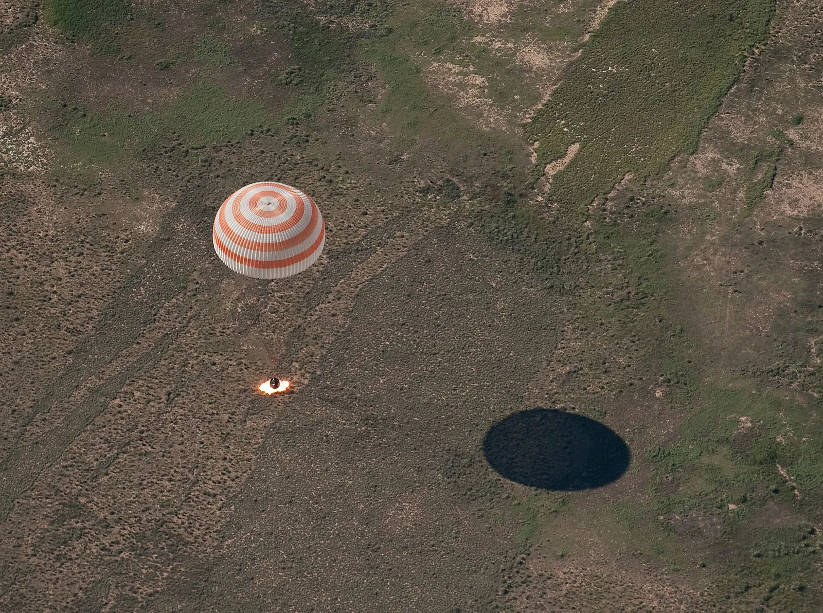 A Soyuz capsule after landing on the steppe of Kazakhstan