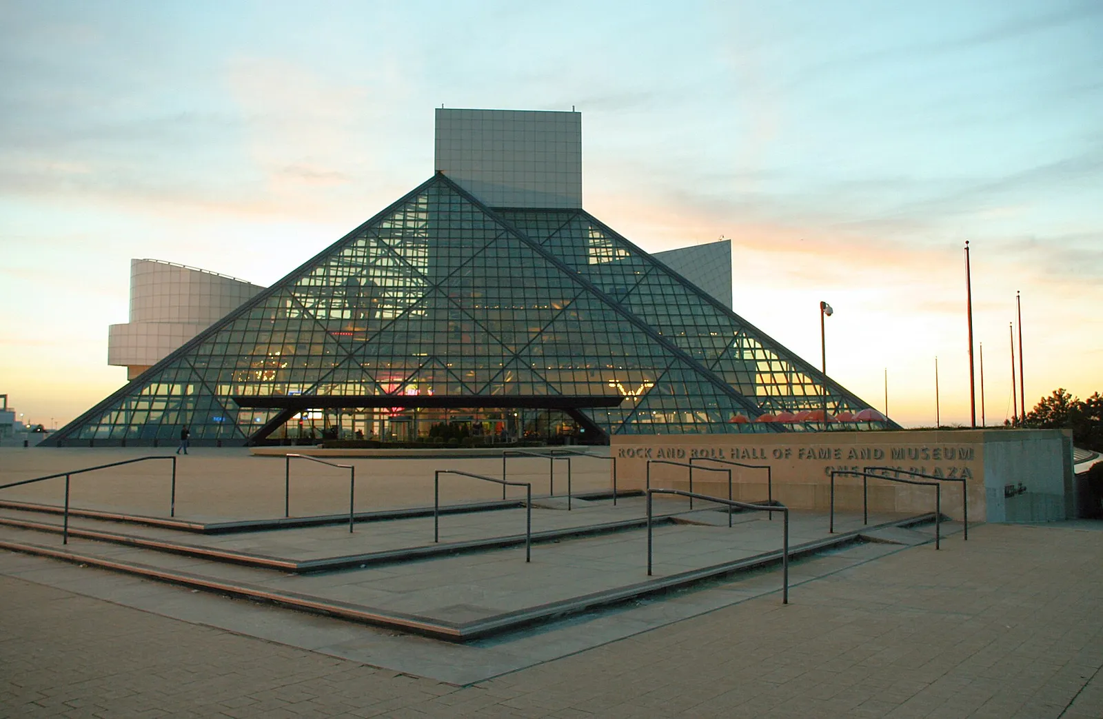 The Rock & Roll Hall of Fame in Cleveland at sunset.