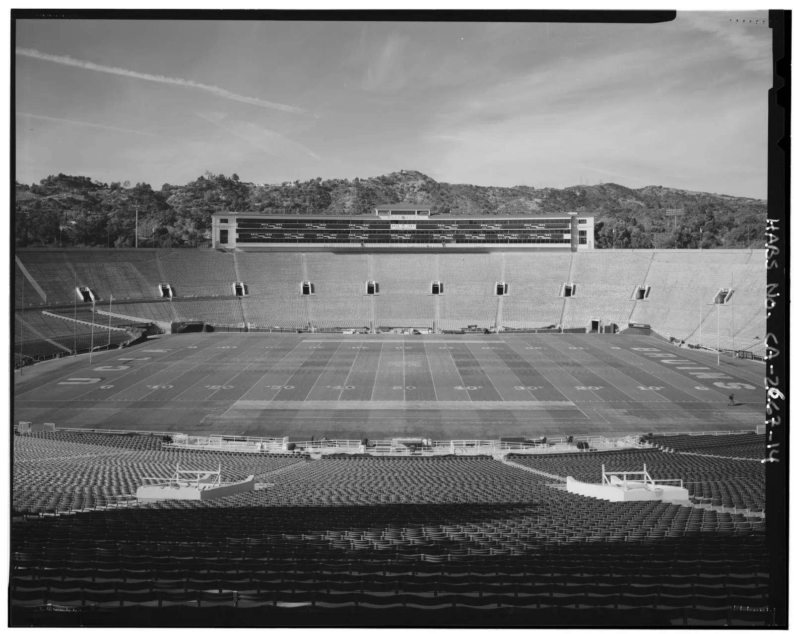 The grandstand and field at the Rose Bowl in Pasadena