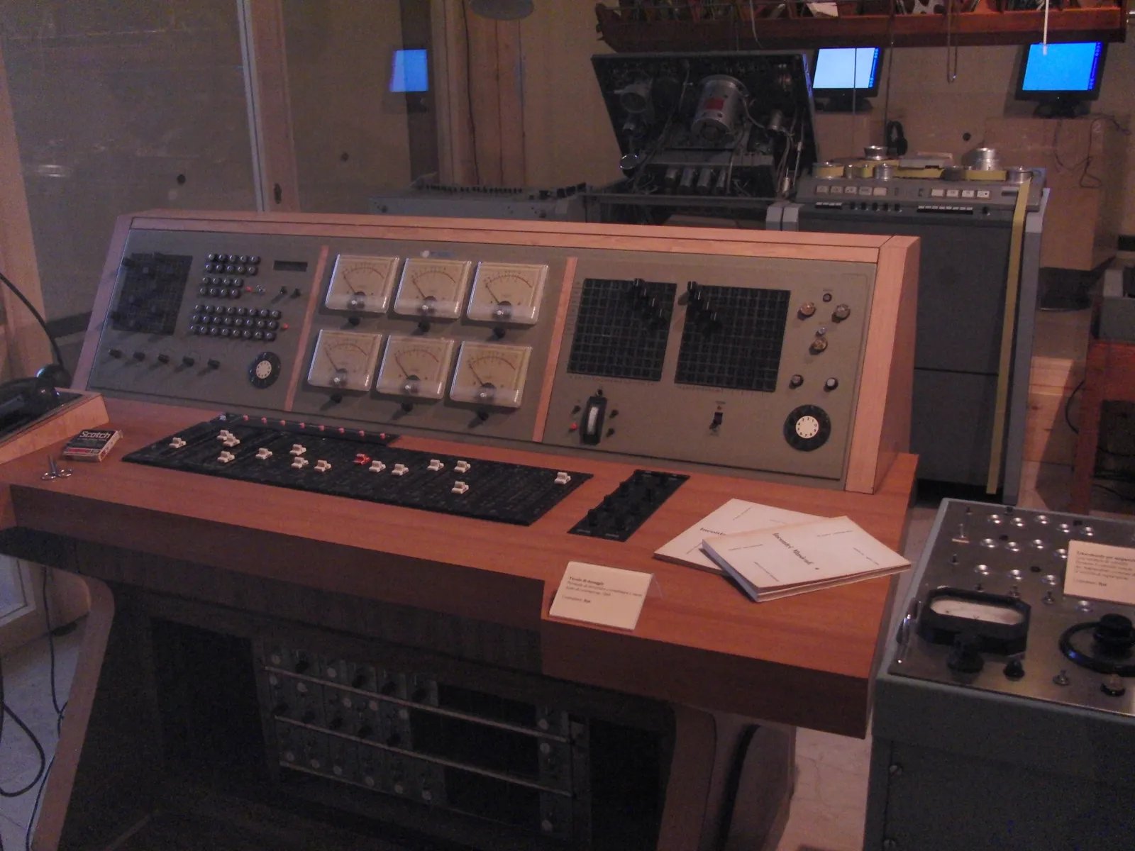 A recording studio mixing console.