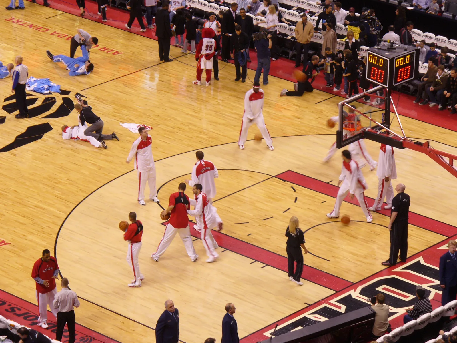 The Toronto Raptors warm up before a game at their home arena.