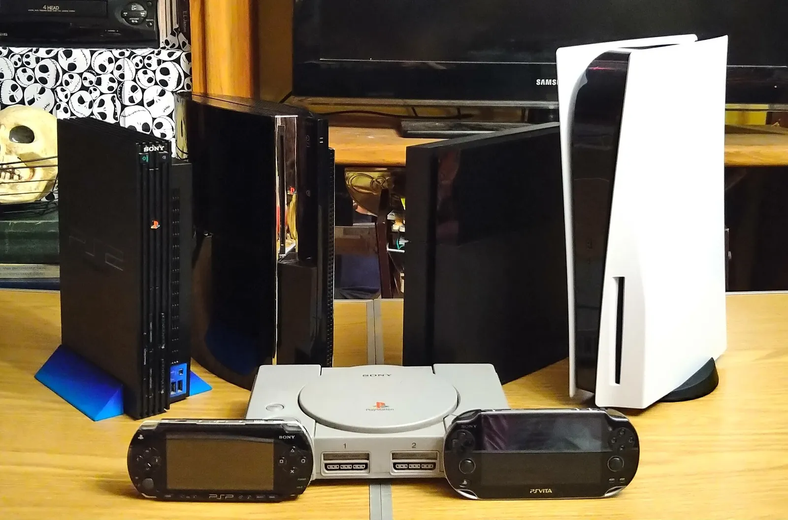 Sony's PlayStation console lineage, from the original PlayStation and PS2 through the PS5, with the PSP and PS Vita handhelds.