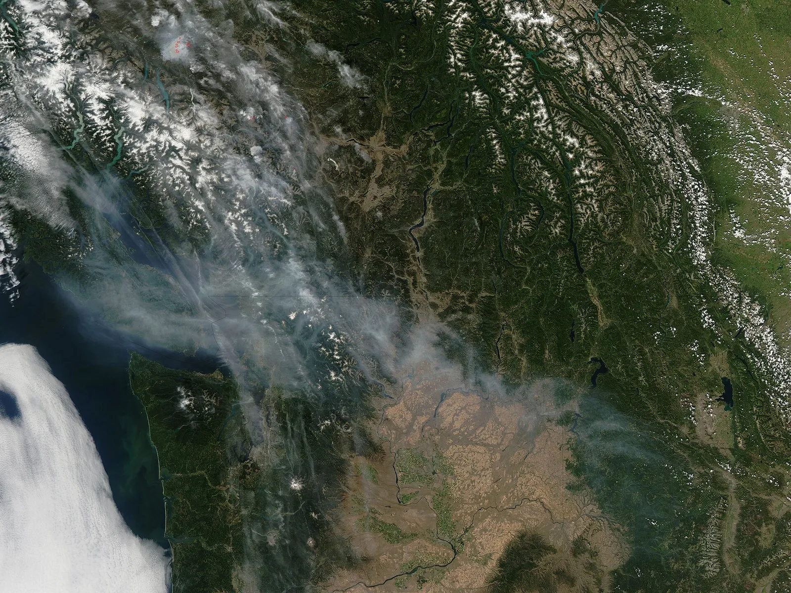 Satellite view of wildfire smoke drifting across the Pacific Northwest