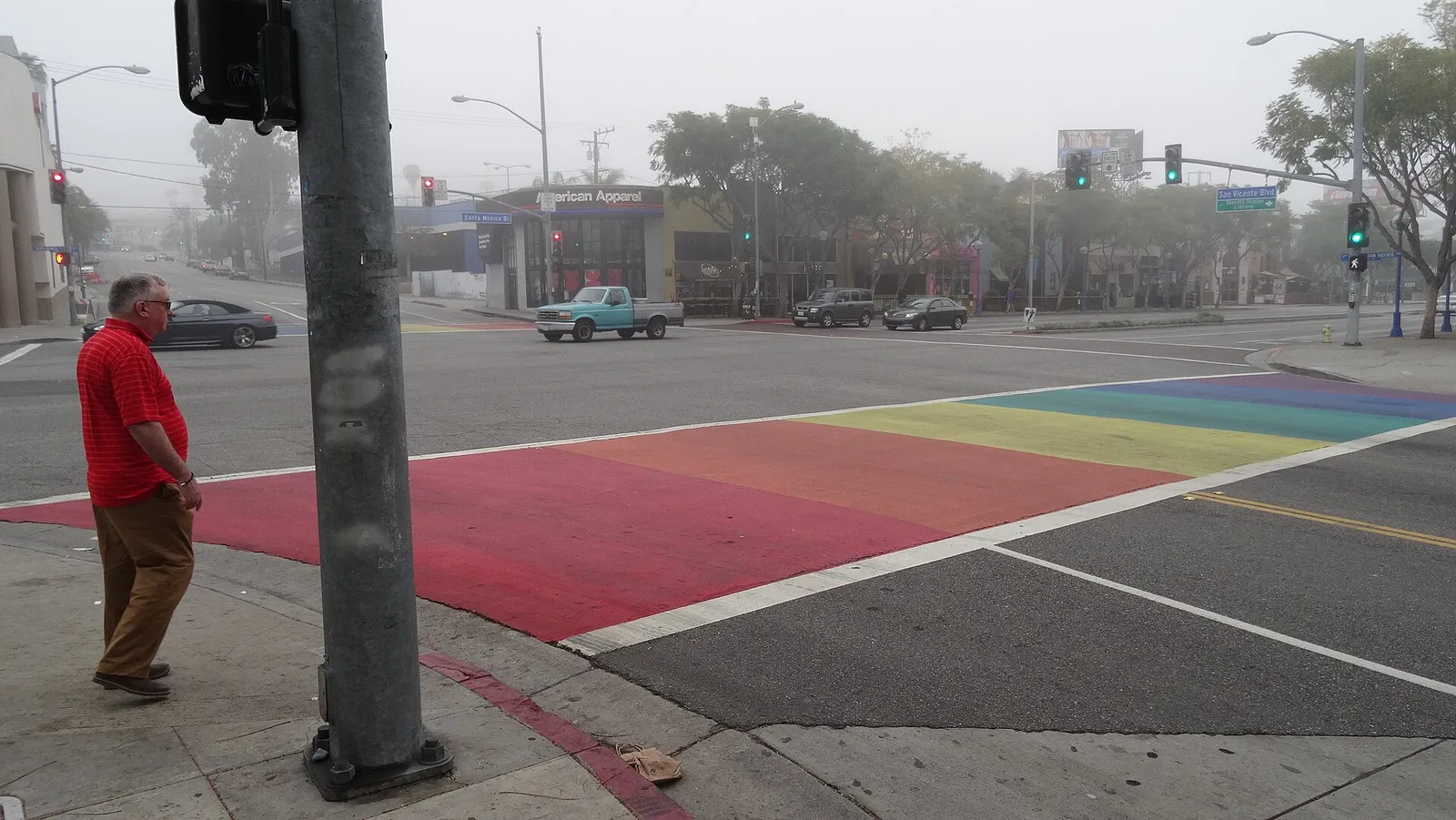 Rainbow crosswalk at San Vicente and Santa Monica boulevards in West Hollywood