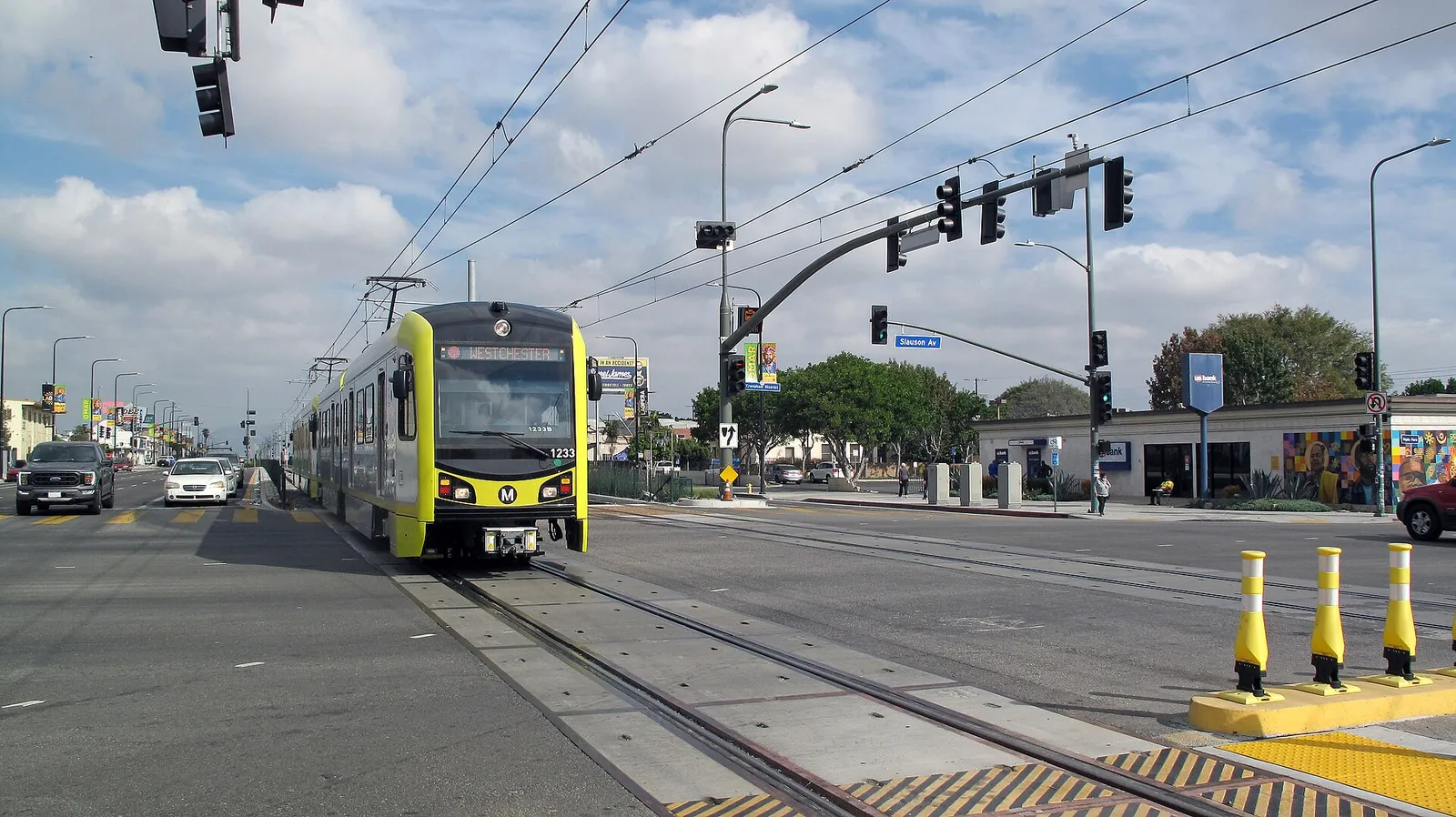 A Metro K Line train on Crenshaw Boulevard at Slauson Avenue in Los Angeles