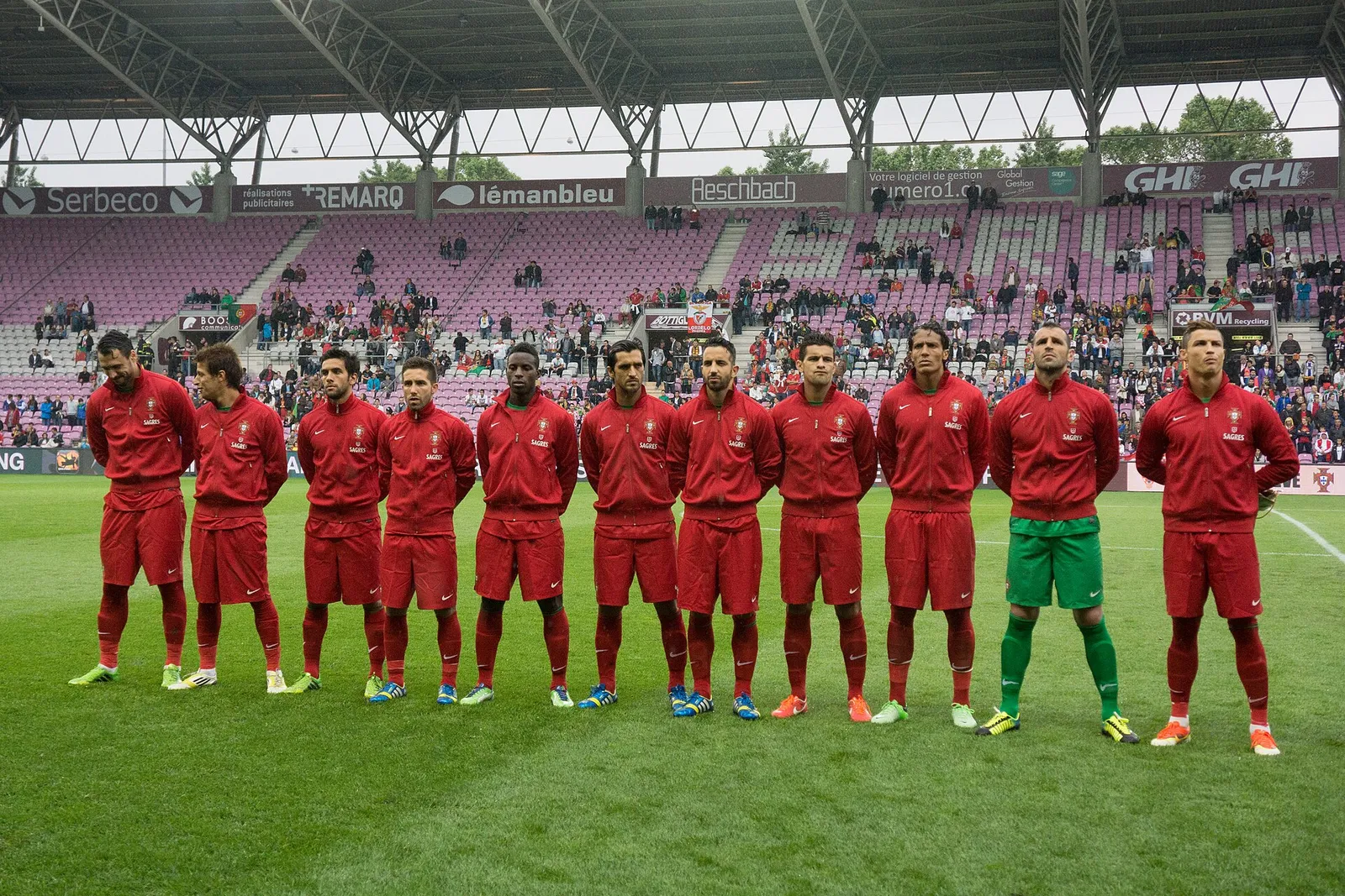 The Portugal national football team lines up before a match against Croatia.