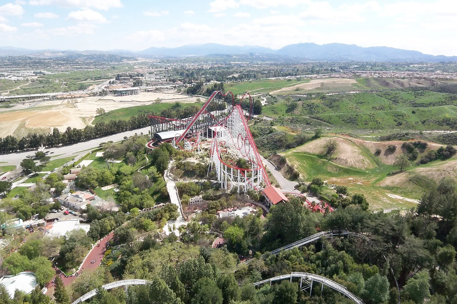 Roller coasters at Six Flags Magic Mountain in Valencia.