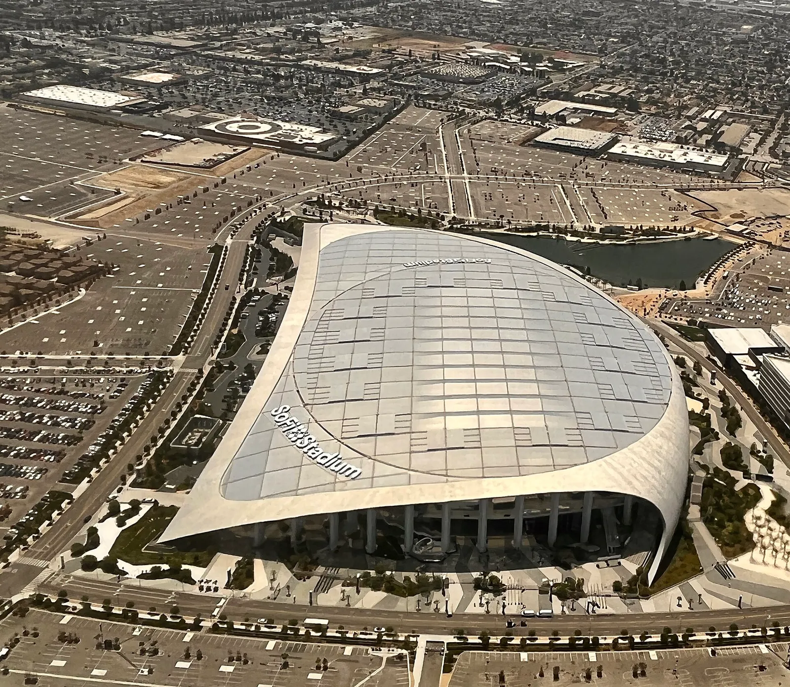 An aerial view of SoFi Stadium in Inglewood.