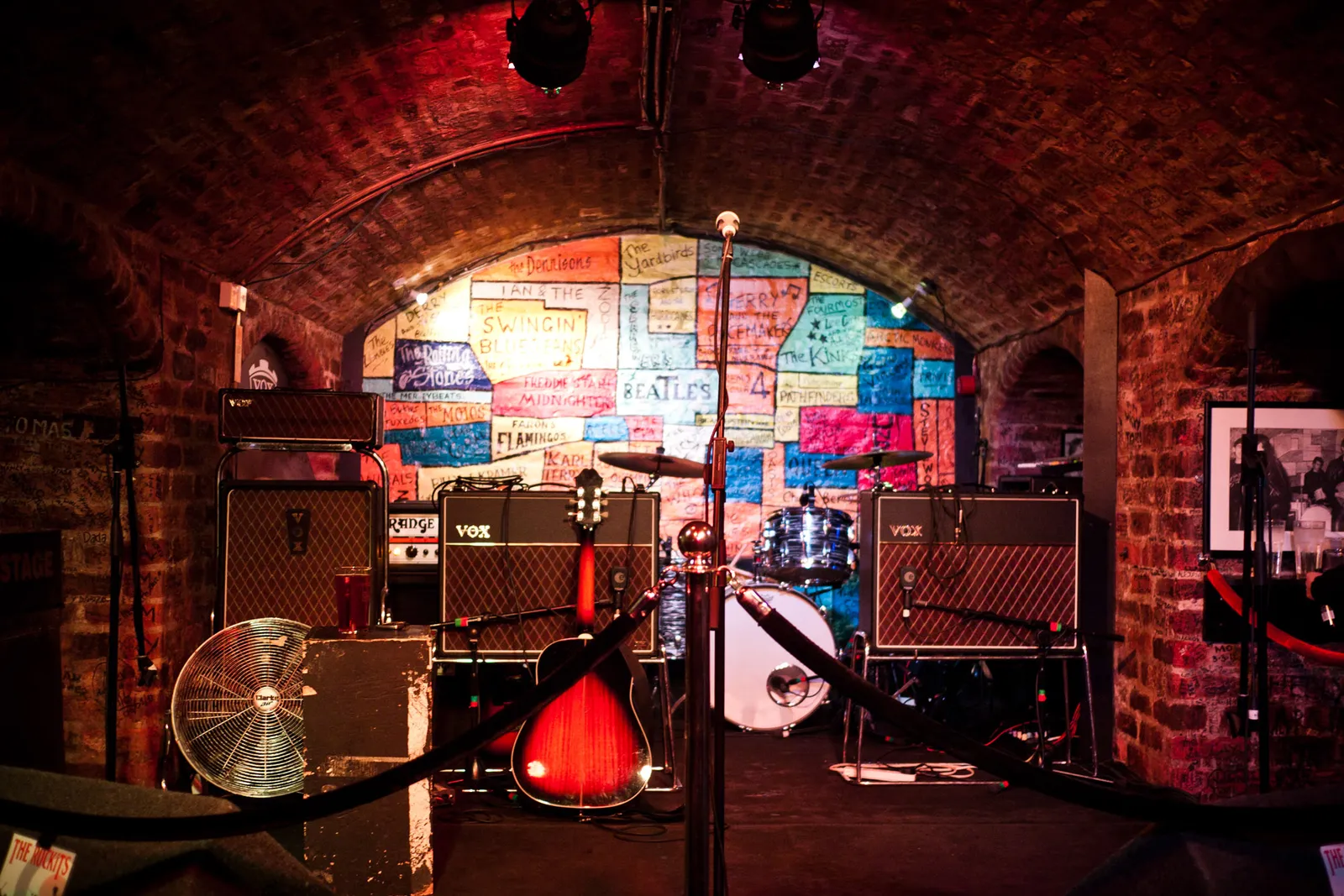 An empty performance stage set up with microphones (file photo).