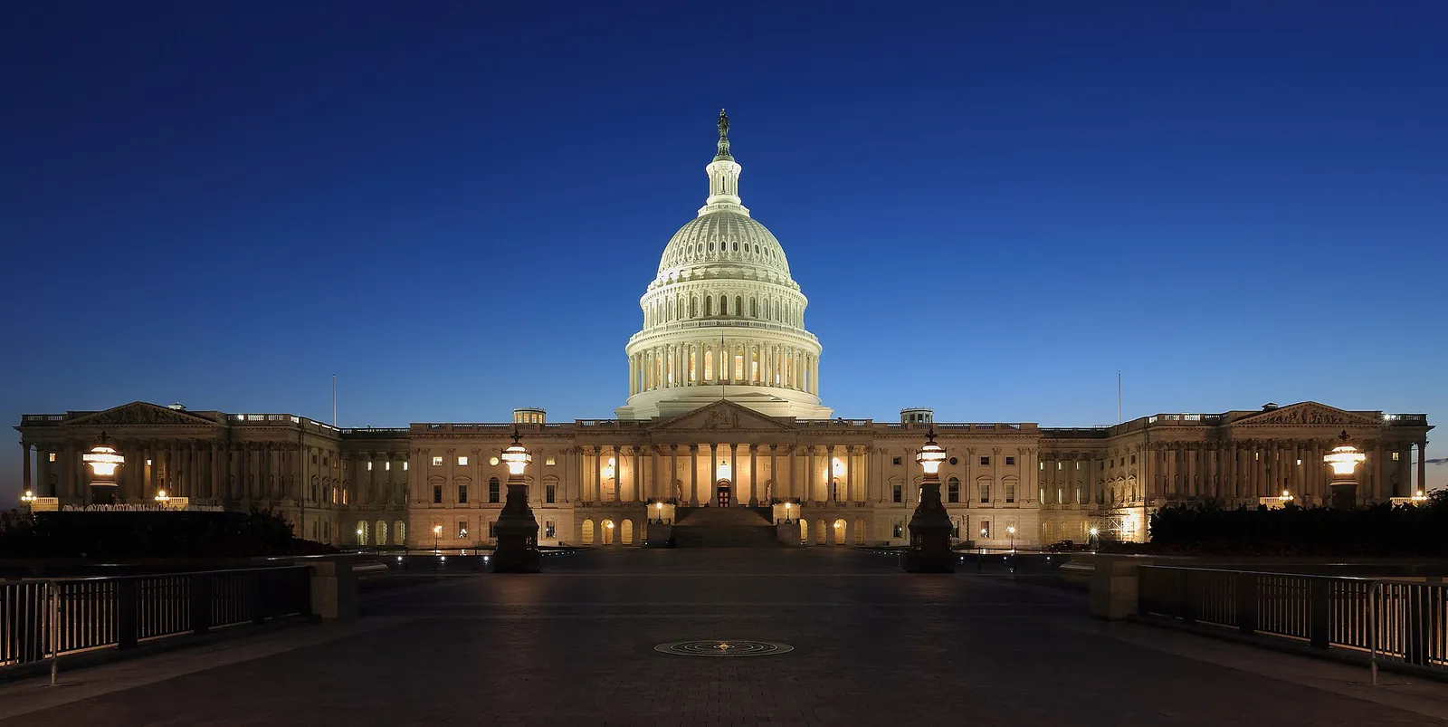 The United States Capitol at dusk.