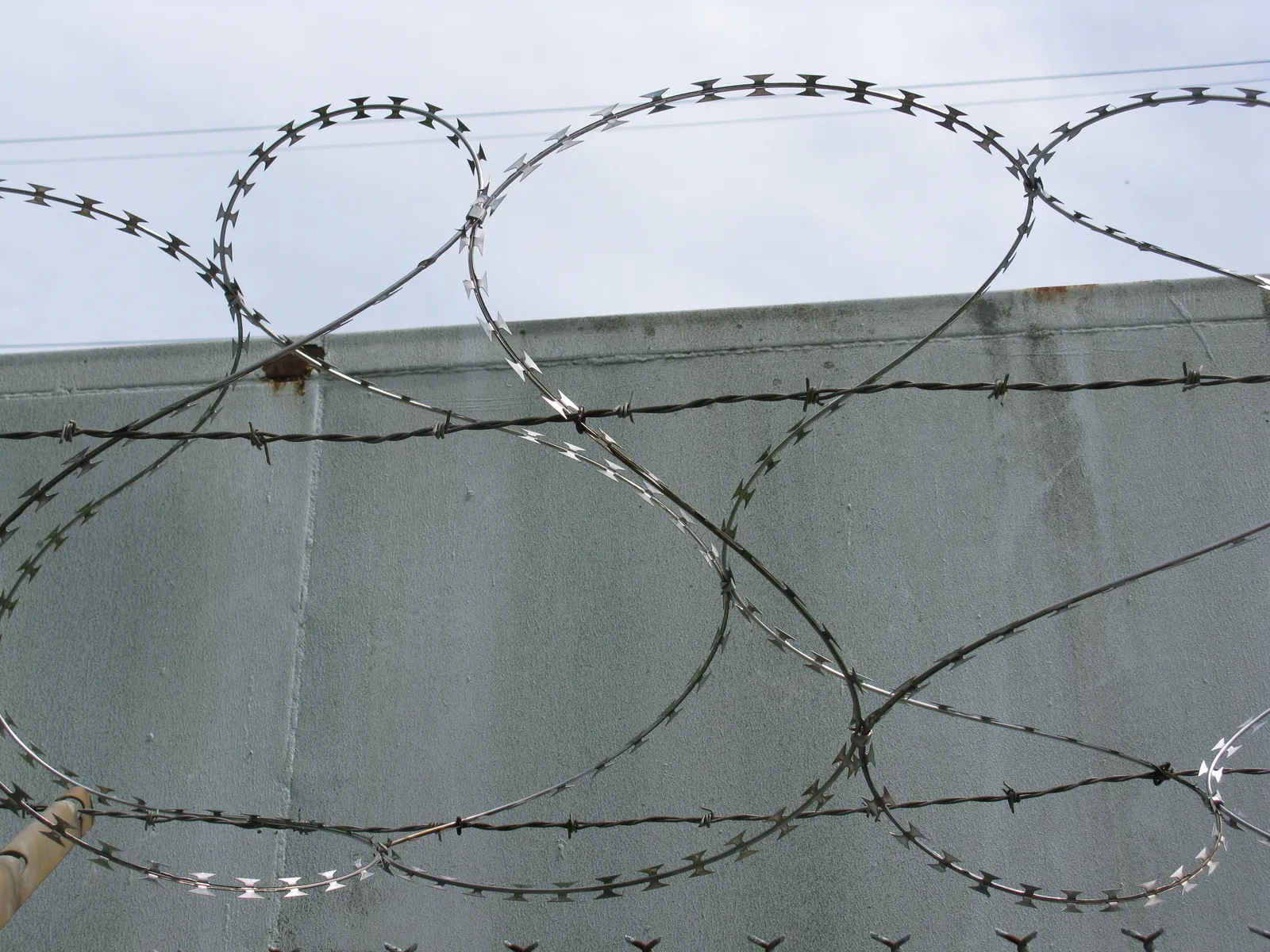 Razor wire along a security fence.