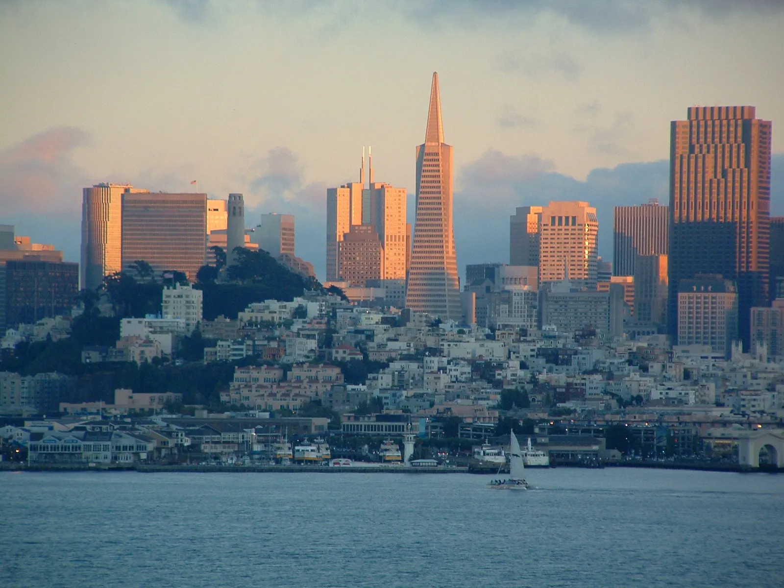 The San Francisco skyline at sunset.