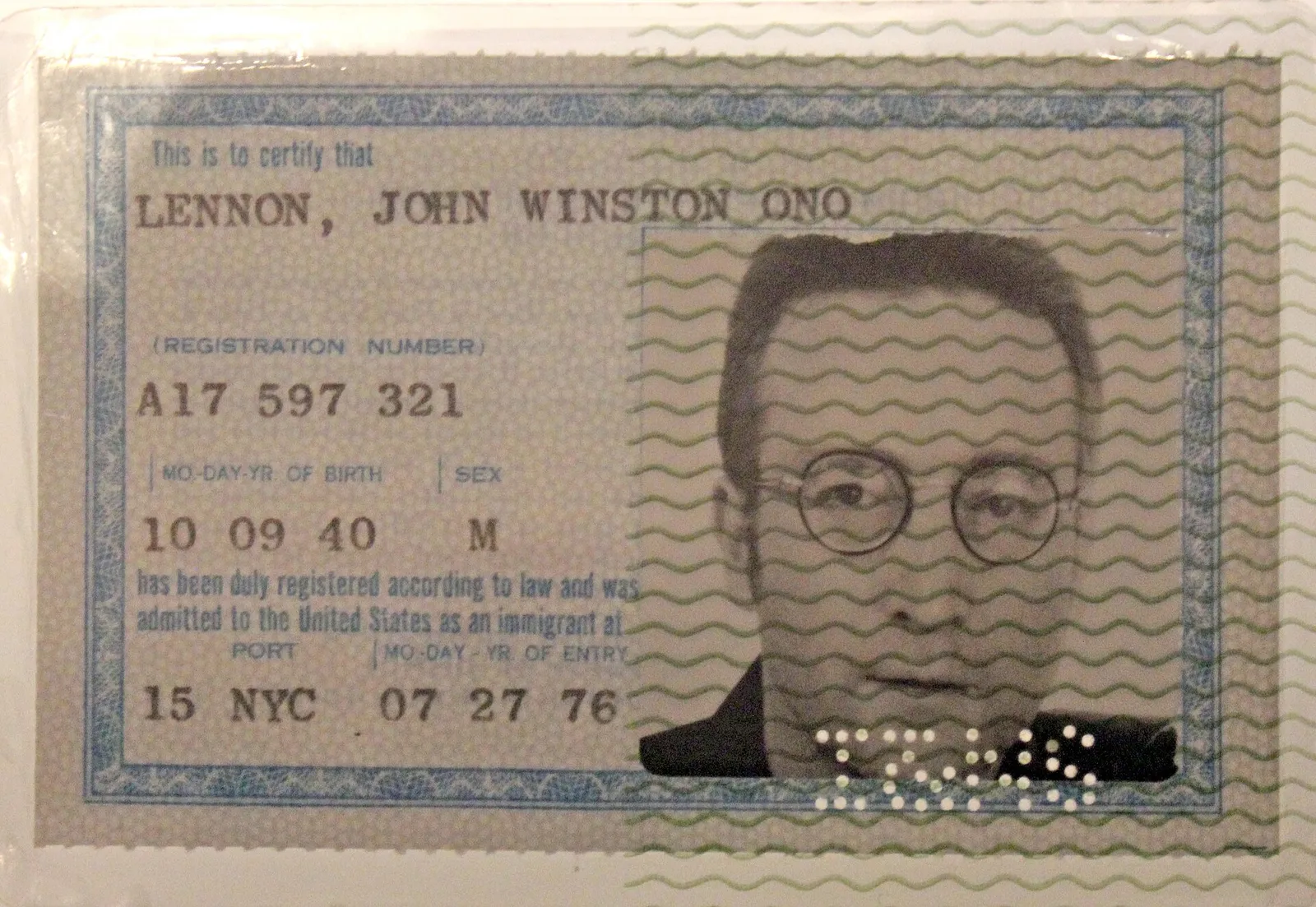 A United States green card. This one, a historical example, belonged to John Lennon.