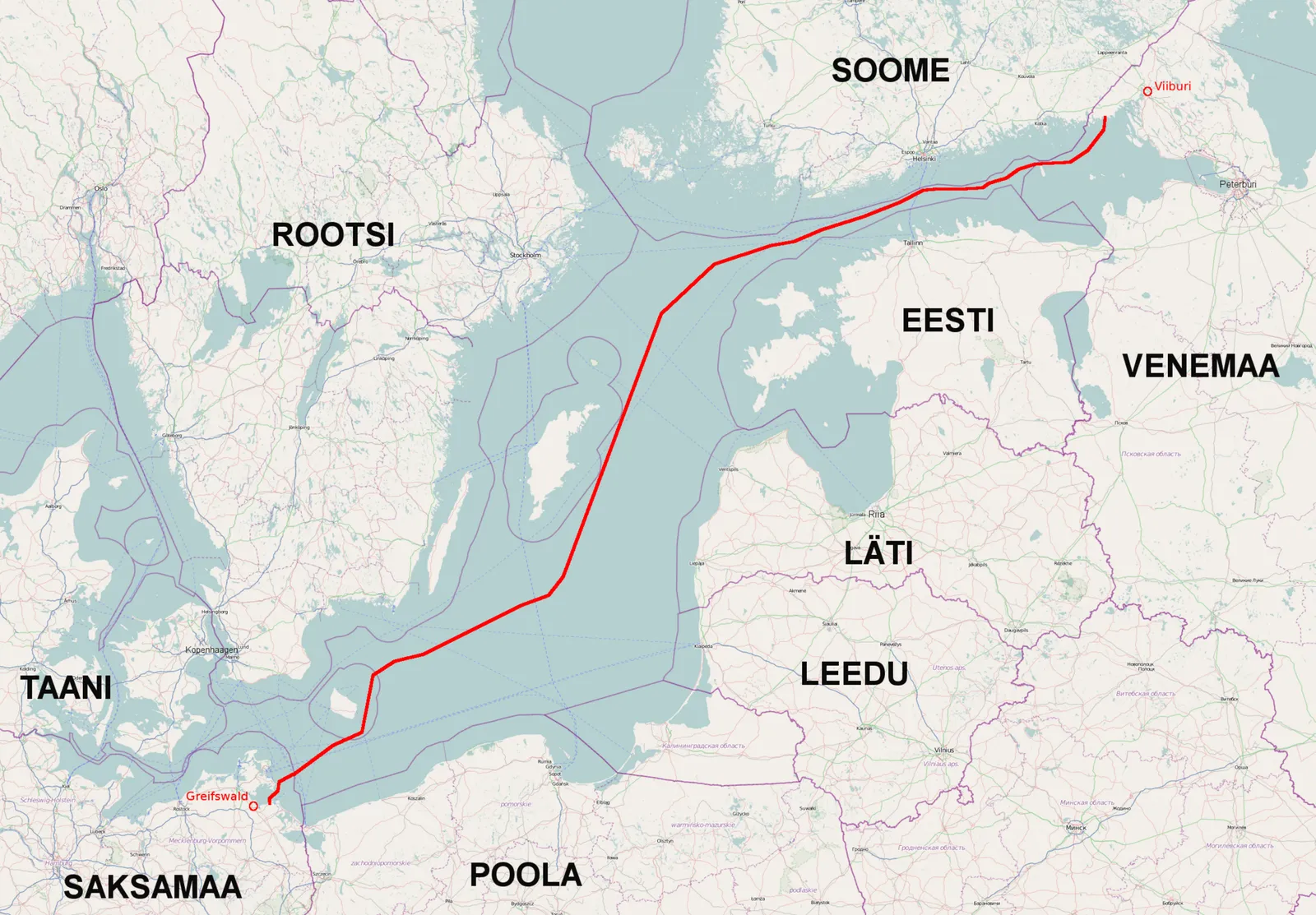 Map of the Nord Stream pipeline route across the Baltic Sea.