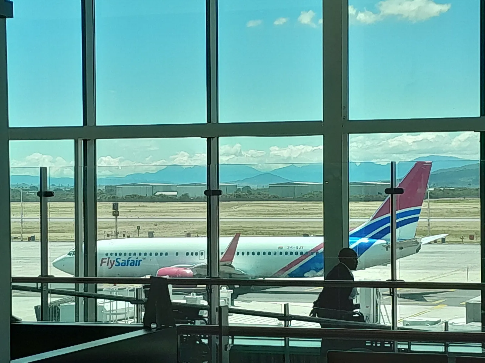 A passenger jet seen from an airport departure gate.
