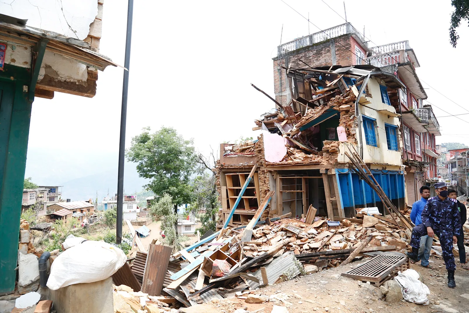 Collapsed buildings after an earthquake.