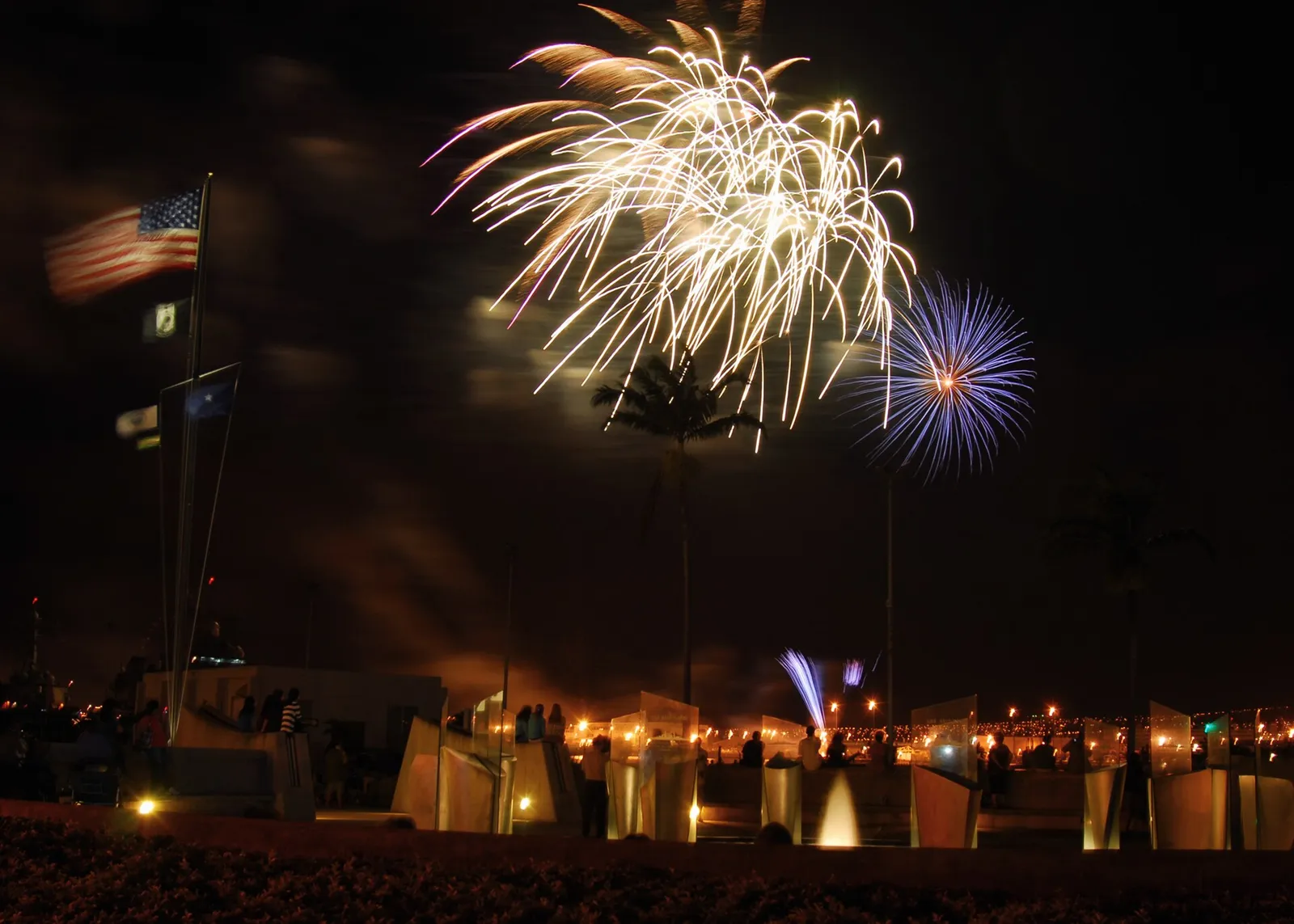 A professional fireworks display lights up the night sky.
