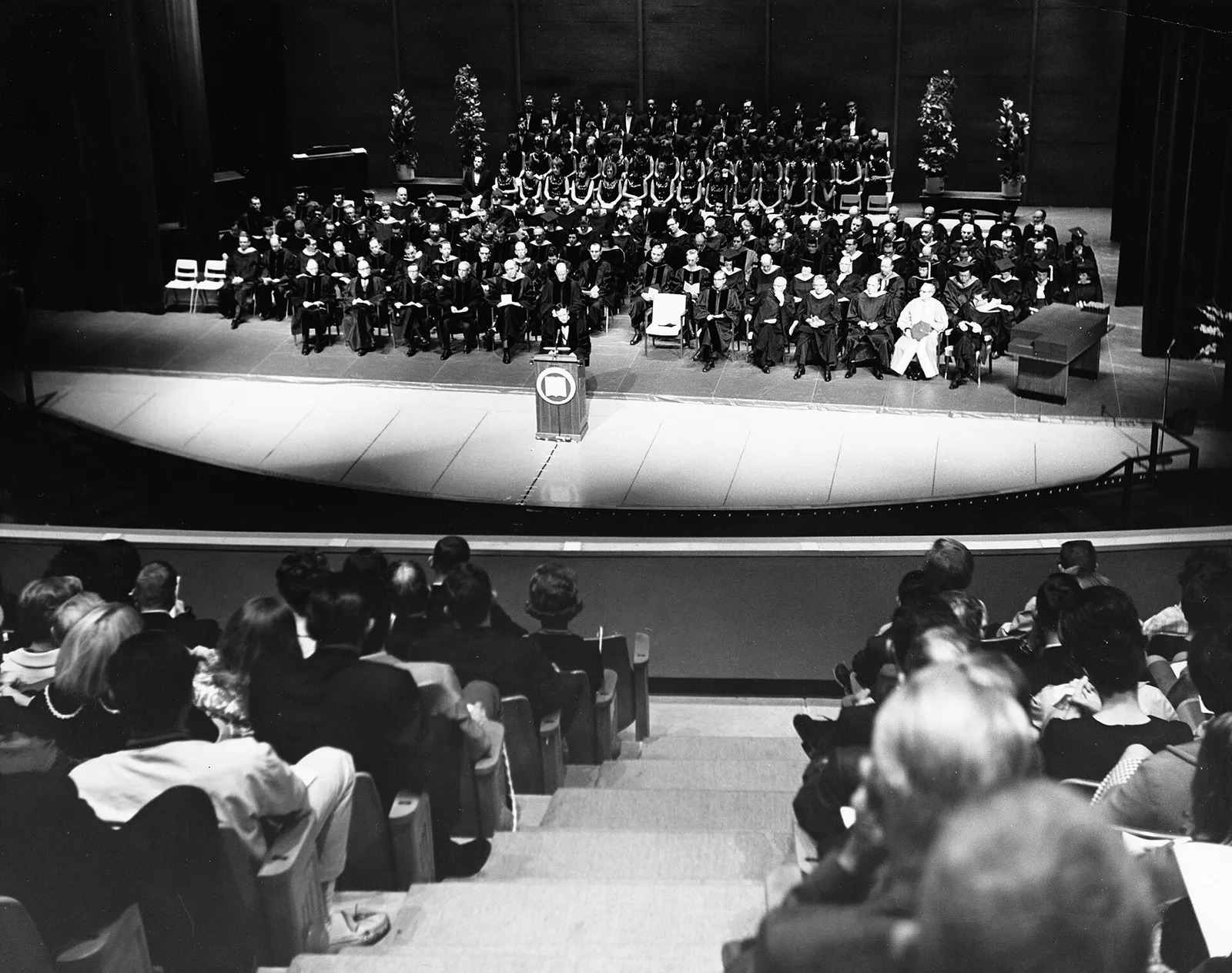 Students at a college graduation ceremony