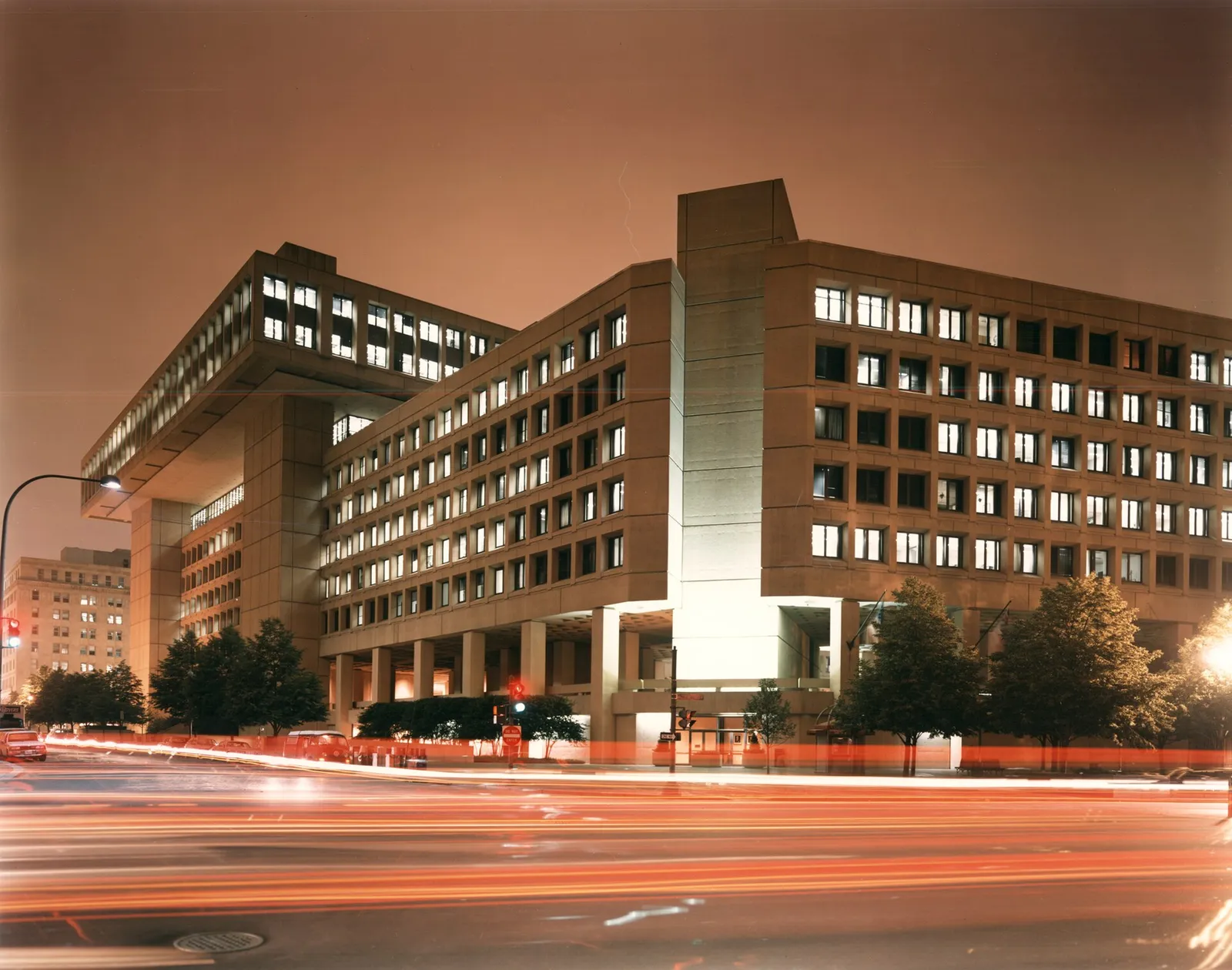 The J. Edgar Hoover Building, FBI headquarters in Washington, at night