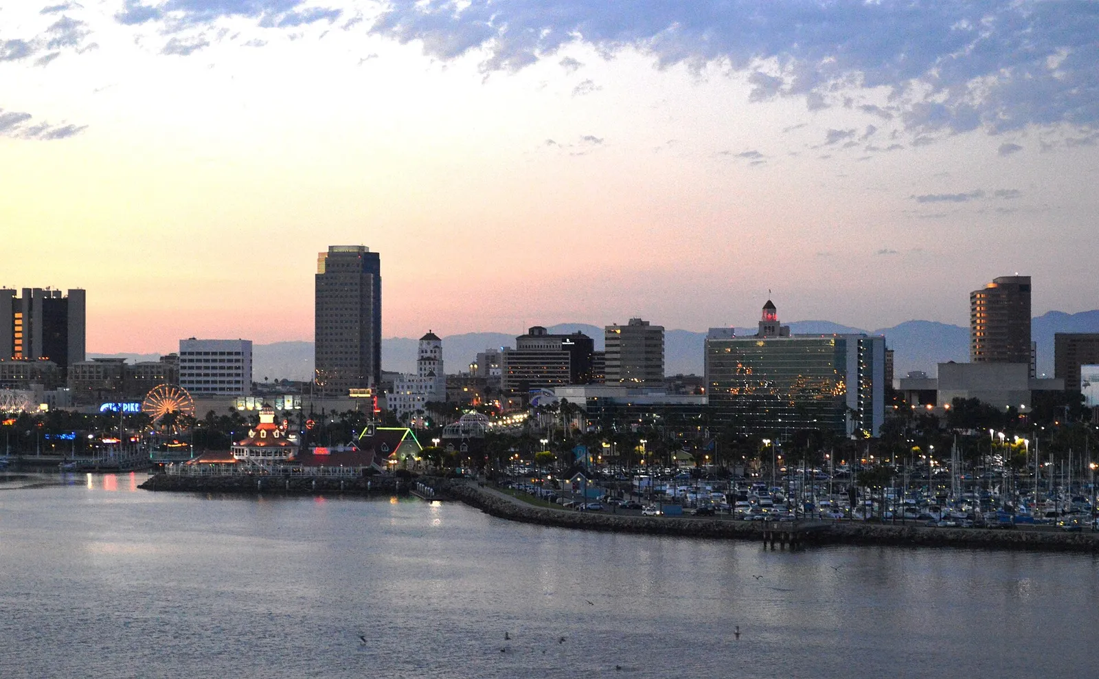 Downtown Long Beach seen from the Queen Mary at dusk