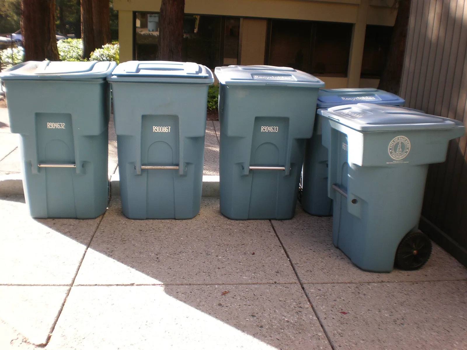 Blue recycling bins in Palo Alto, California