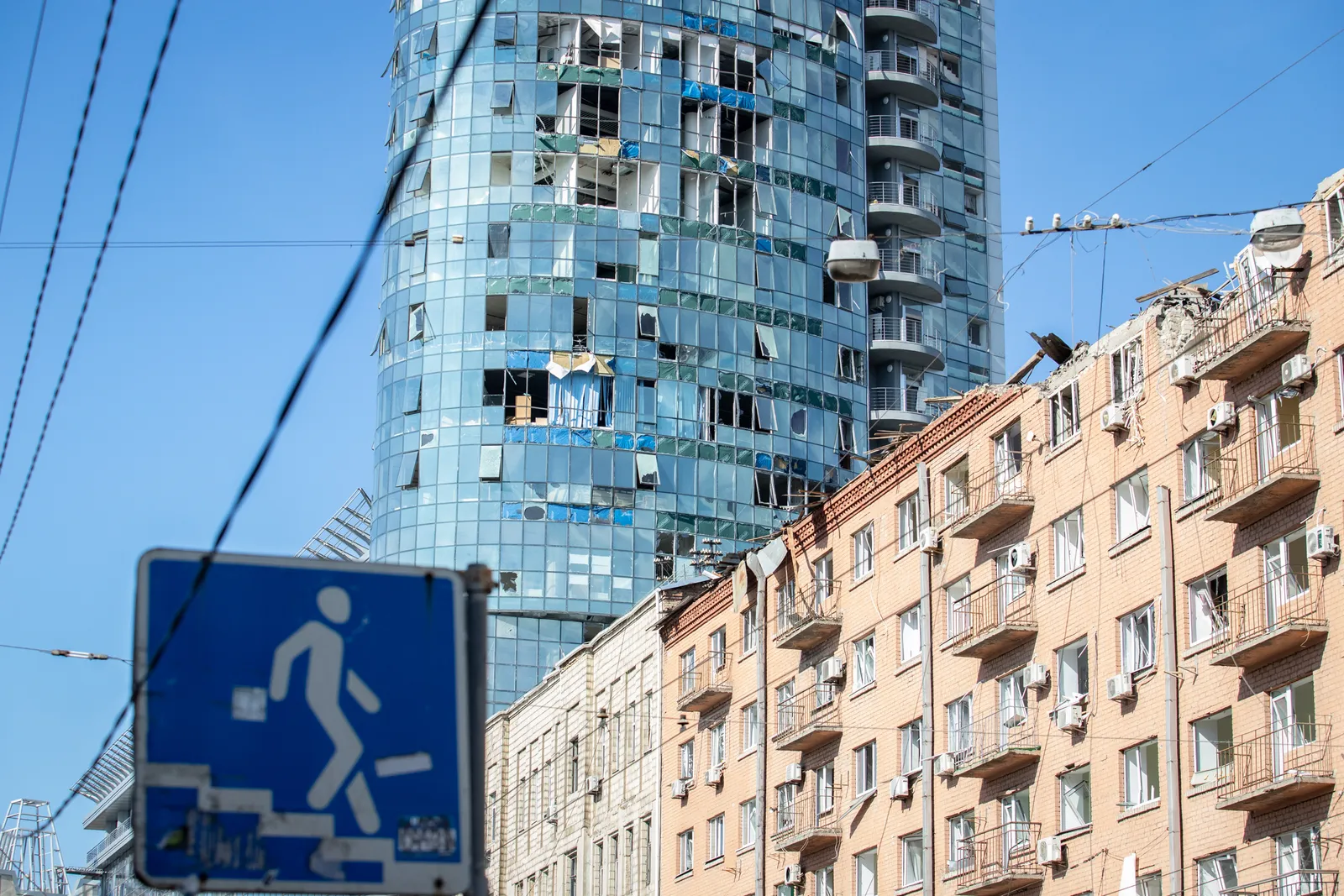 War damage to a building in Ukraine.