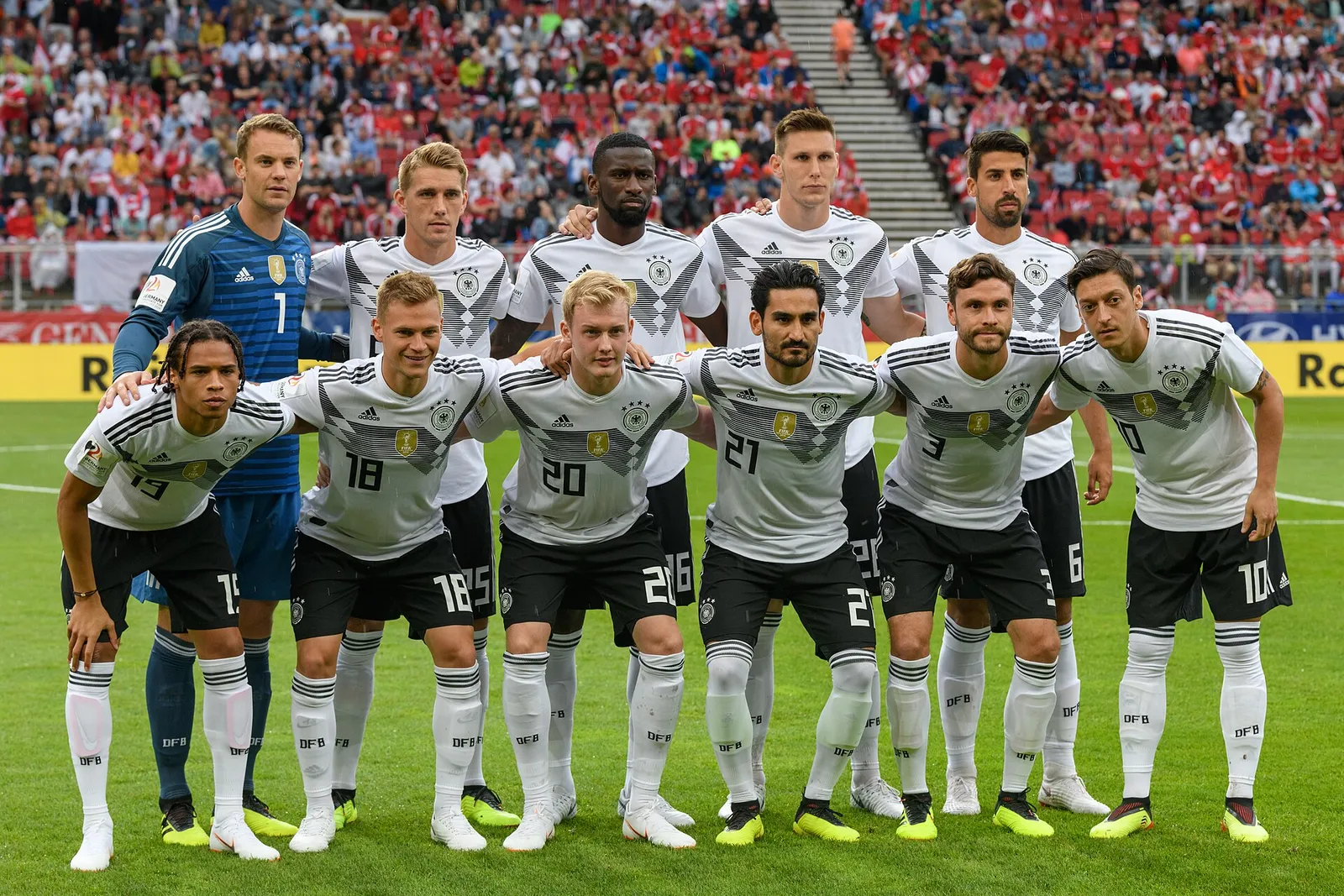 The Germany national football team lines up before a match.