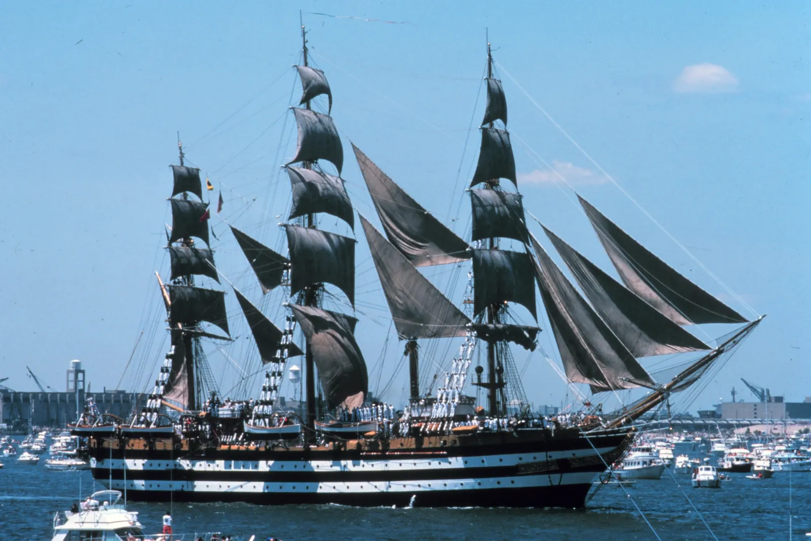 A tall ship in New York Harbor during Operation Sail, part of the 1976 Bicentennial.
