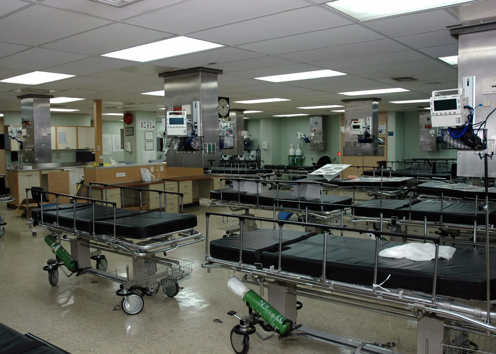 An intensive care unit, with beds, monitors and lines