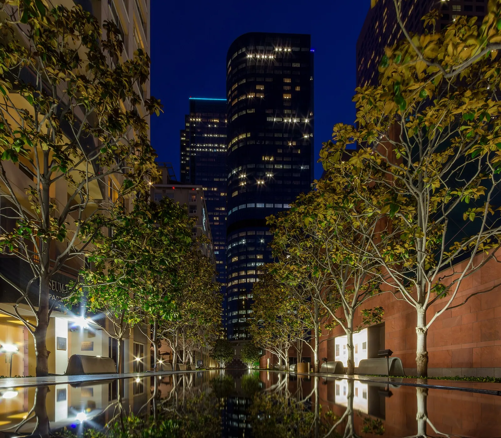 A Los Angeles street lined with streetlights in the downtown core.