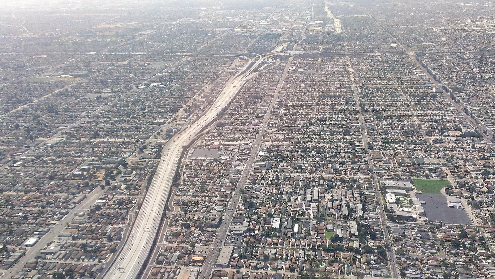 An aerial view of a Los Angeles freeway interchange
