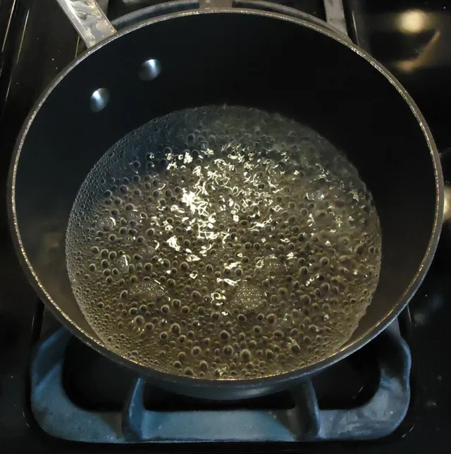 Water boiling in a pot on a stove.