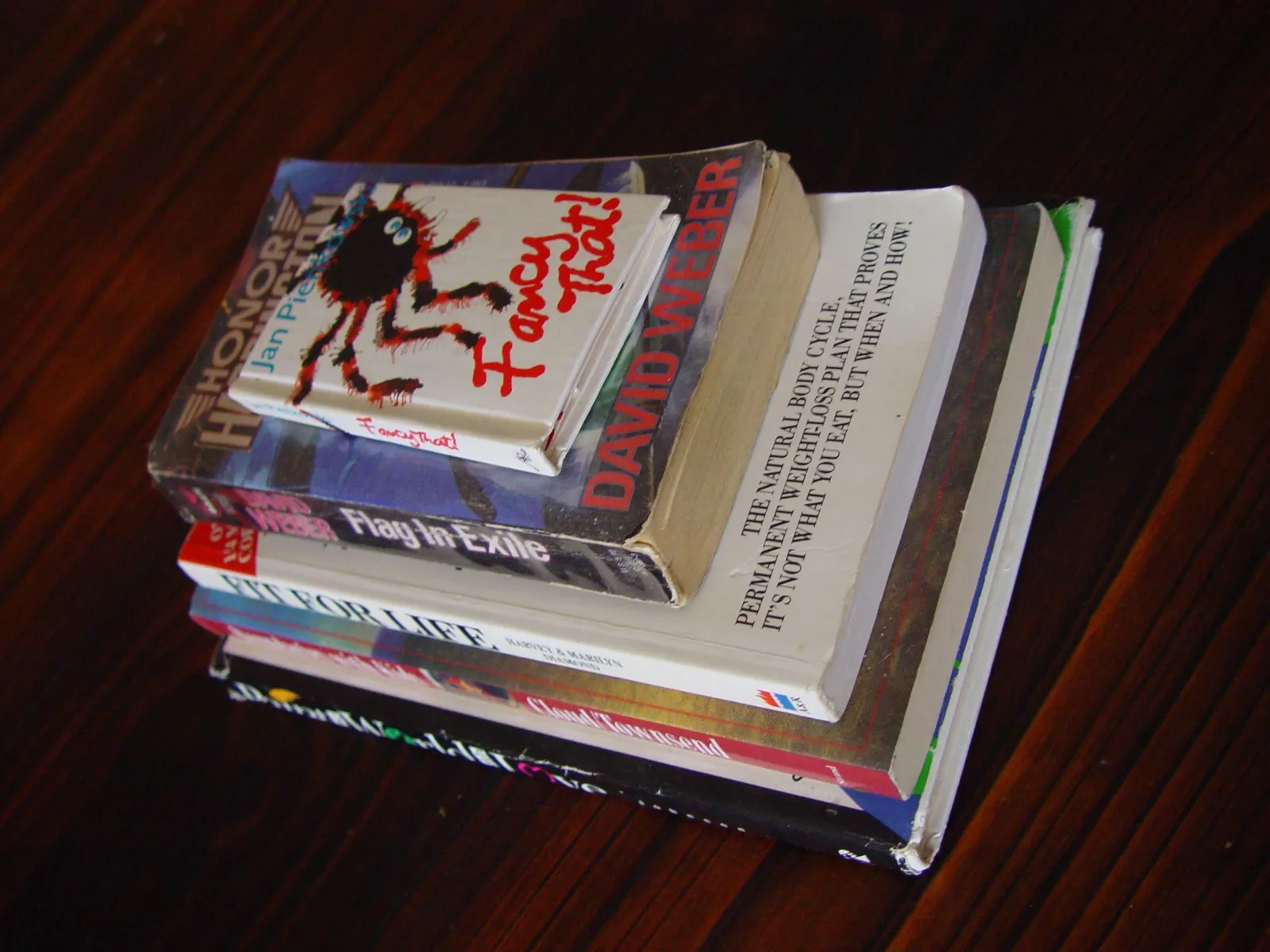 A stack of books on a table.