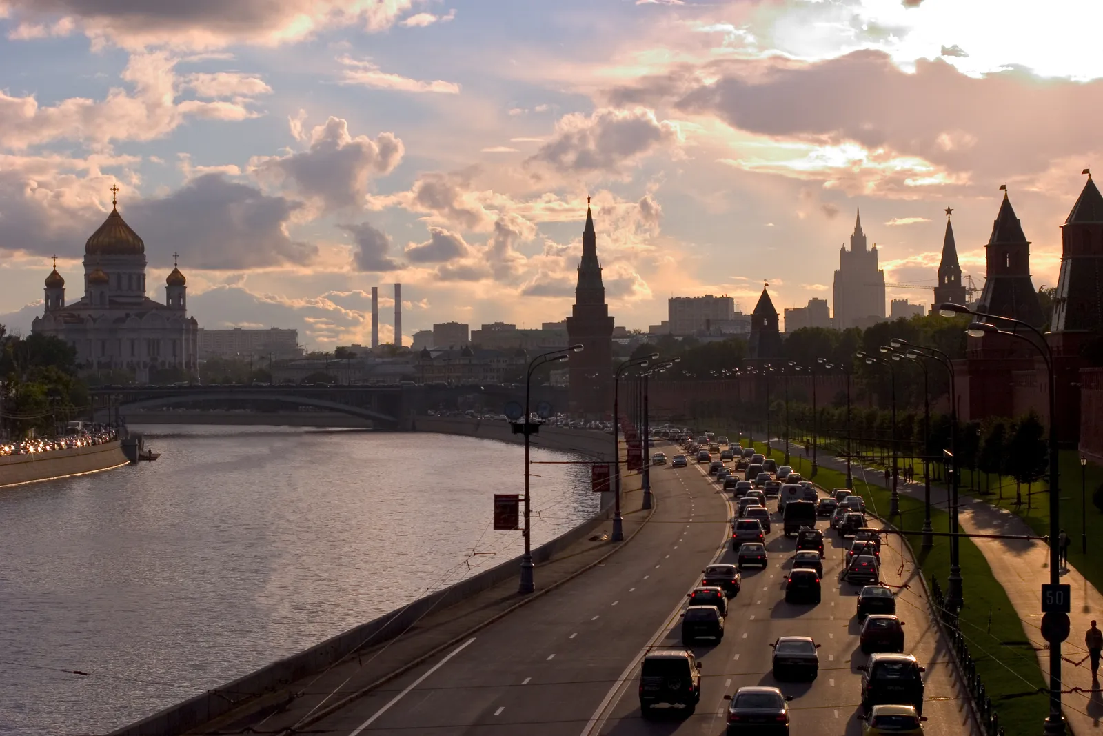 The Moscow skyline along the Kremlin embankment.