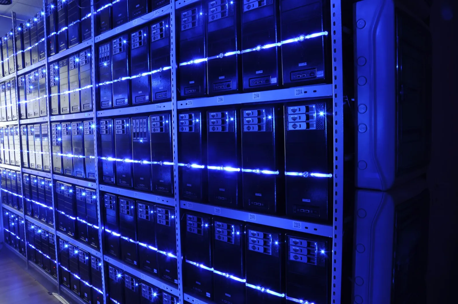 Rows of servers inside a data center.