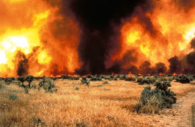 A wildfire burns through Western U.S. mountain terrain.
