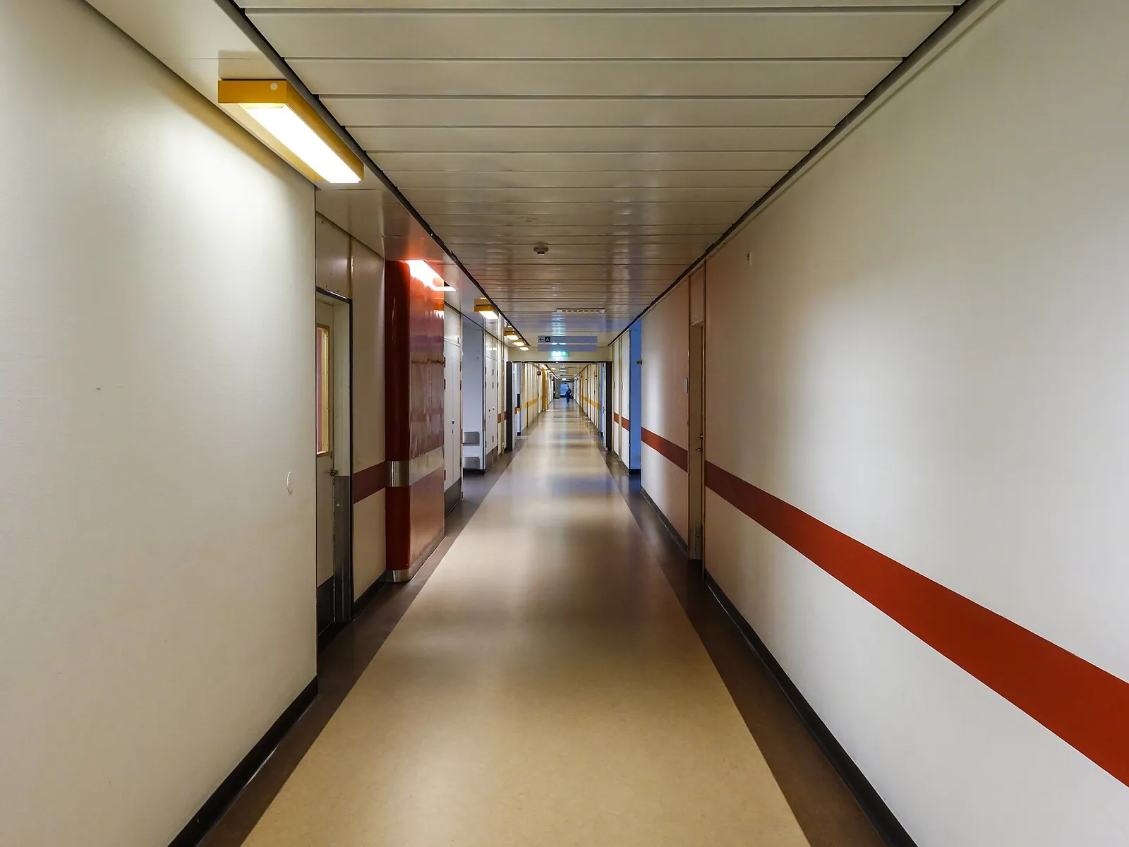 An empty hospital corridor.