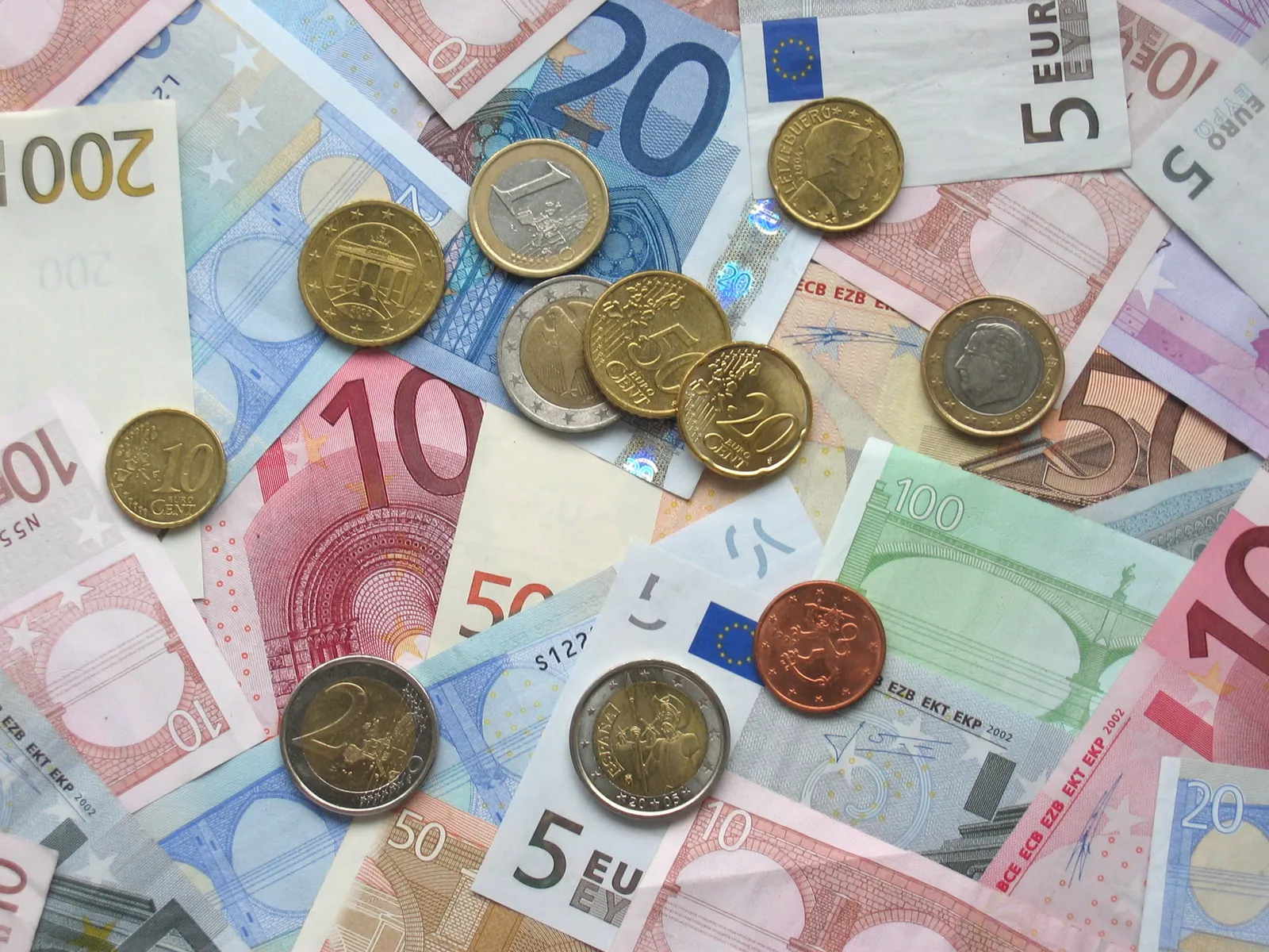 Euro coins and banknotes.